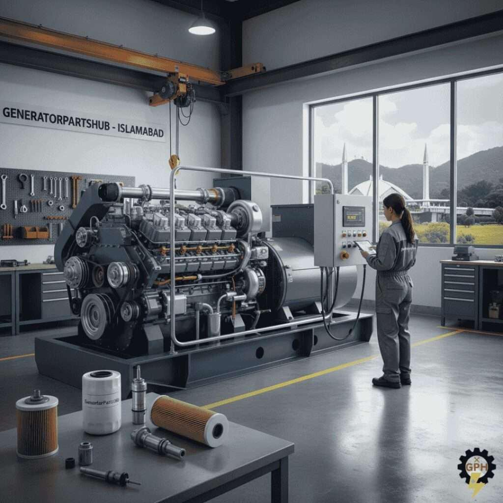Diesel generator parts and maintenance with Islamabad skyline.