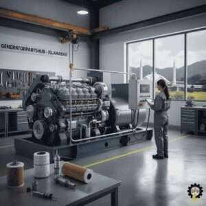 Diesel generator parts and maintenance with Islamabad skyline.