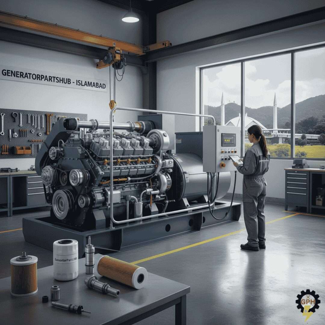 Diesel generator parts and maintenance with Islamabad skyline.